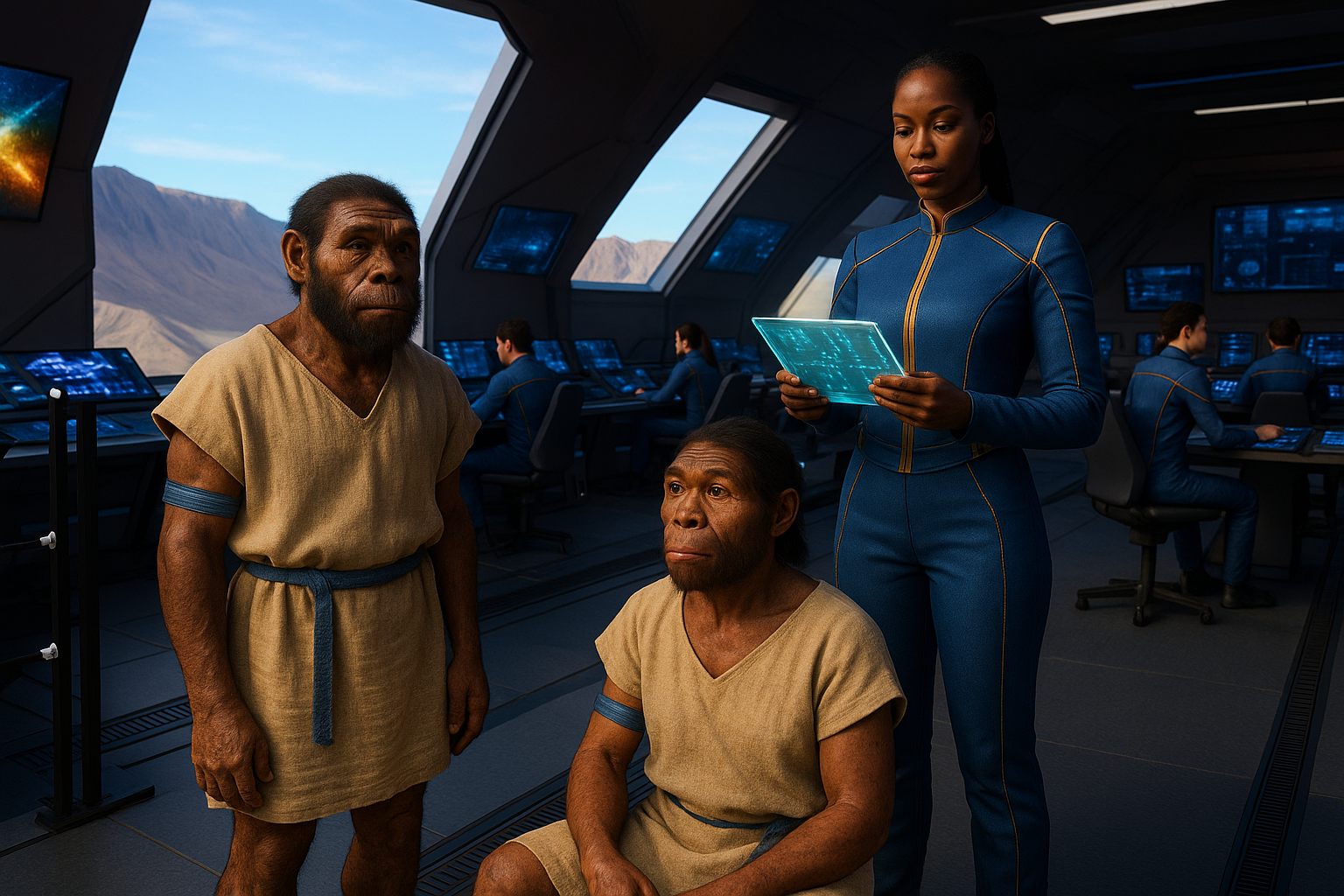 A Tayamni female scientist standing in a spaceship on Earth, with 3 homo erectus in the room with her. She is going over their vitals.